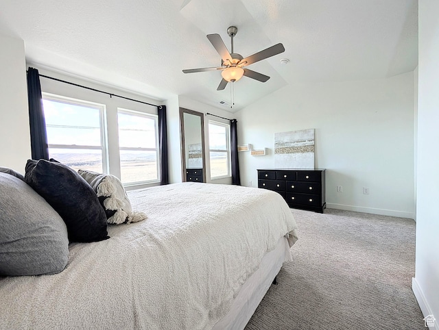 6688 W 11800 S, South Jordan, UT 84009 - bedroom featuring visible vents, baseboards, ceiling fan, carpet, and vaulted ceiling