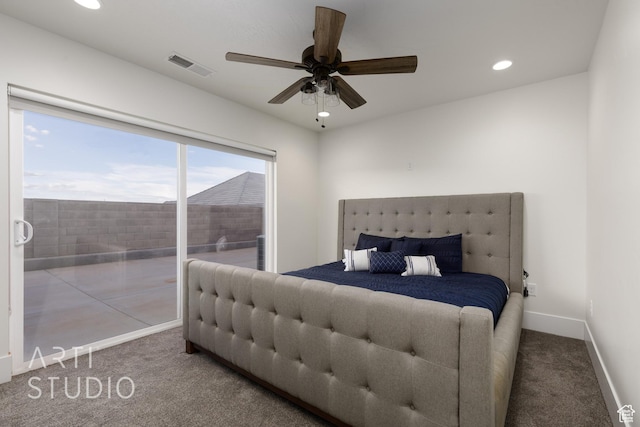 3658 W 2510 S, Hurricane, UT 84737 - carpeted bedroom with recessed lighting, ceiling fan, visible vents, and access to exterior