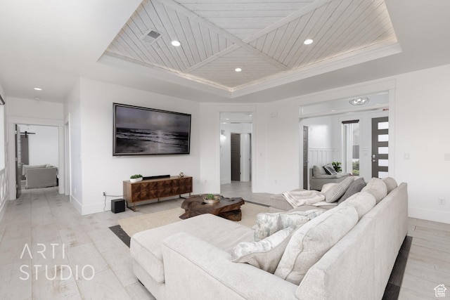 3658 W 2510 S, Hurricane, UT 84737 - living room featuring visible vents, recessed lighting, a raised ceiling, wood ceiling, and baseboards