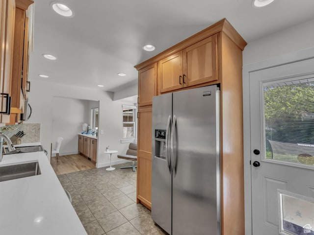 4363 S Butternut Rd E, Holladay, UT 84124 - kitchen with a sink, stainless steel fridge with ice dispenser, light countertops, recessed lighting, and a healthy amount of sunlight