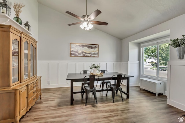 1235 W 1870 N, Lehi, UT 84043 - dining space featuring wainscoting, ceiling fan, vaulted ceiling, and light wood-type flooring
