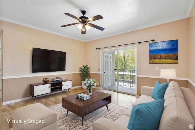 1474 S 430 W Unit 23, Orem, UT 84058 - living area with a ceiling fan, baseboards, ornamental molding, and wood finished floors