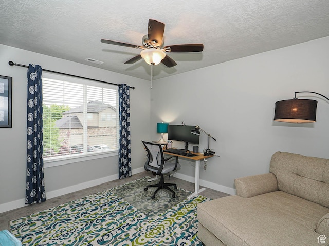 10953 S Kelso Dune Dr, South Jordan, UT 84009 - home office featuring visible vents, a textured ceiling, baseboards, and ceiling fan
