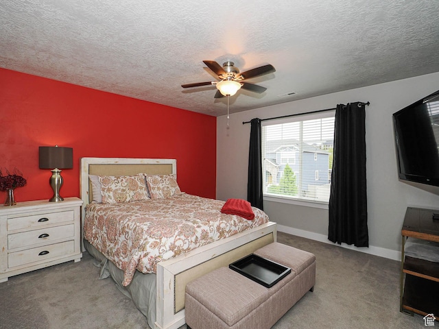 10953 S Kelso Dune Dr, South Jordan, UT 84009 - bedroom featuring ceiling fan, a textured ceiling, visible vents, baseboards, and carpet