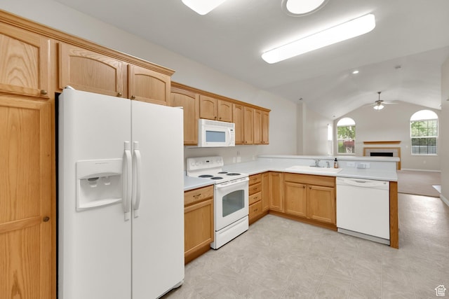 6953 S Country Home Ln W, West Jordan, UT 84084 - kitchen with a sink, white appliances, light countertops, a peninsula, and open floor plan