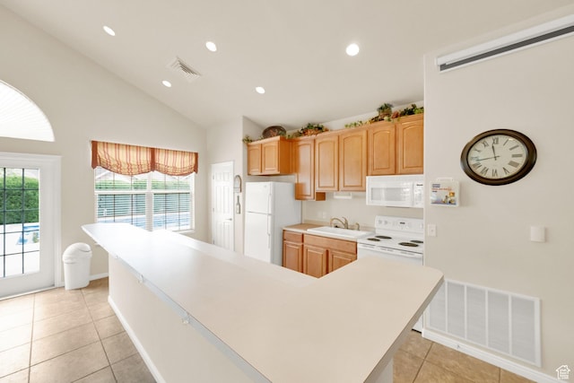 6953 S Country Home Ln W, West Jordan, UT 84084 - kitchen with visible vents, white appliances, light countertops, a sink, and light tile patterned floors