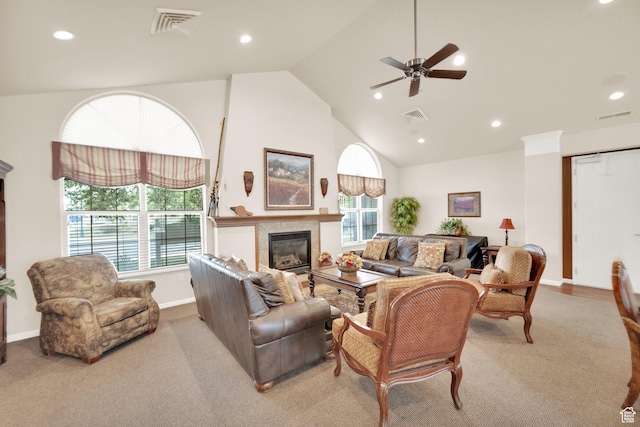 6953 S Country Home Ln W, West Jordan, UT 84084 - living area featuring visible vents, plenty of natural light, ceiling fan, and a tile fireplace