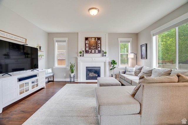 2130 S 450 E, Heber City, UT 84032 - living room with baseboards, a glass covered fireplace, and dark wood-type flooring