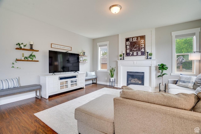 2130 S 450 E, Heber City, UT 84032 - living area with dark wood-type flooring, baseboards, and a glass covered fireplace