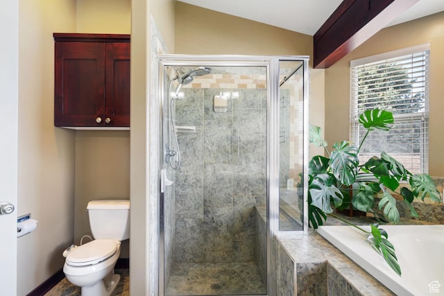 2295 E 2150 N, Layton, UT 84040 - bathroom featuring a bath, lofted ceiling, a stall shower, and toilet
