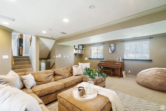 2295 E 2150 N, Layton, UT 84040 - living area featuring crown molding, baseboards, light carpet, and recessed lighting