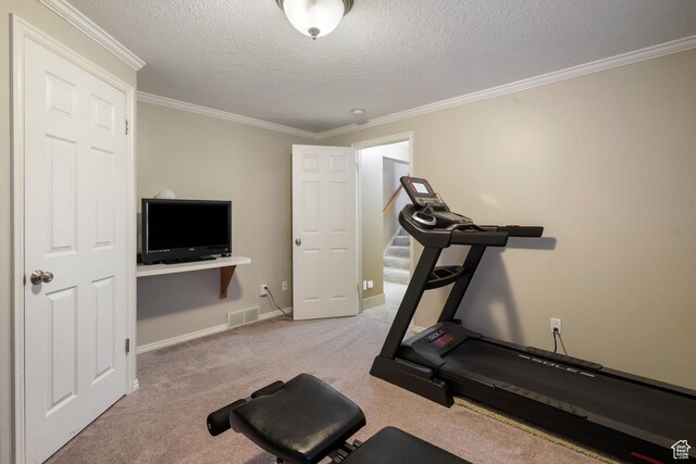 2295 E 2150 N, Layton, UT 84040 - exercise area with visible vents, crown molding, carpet floors, baseboards, and a textured ceiling