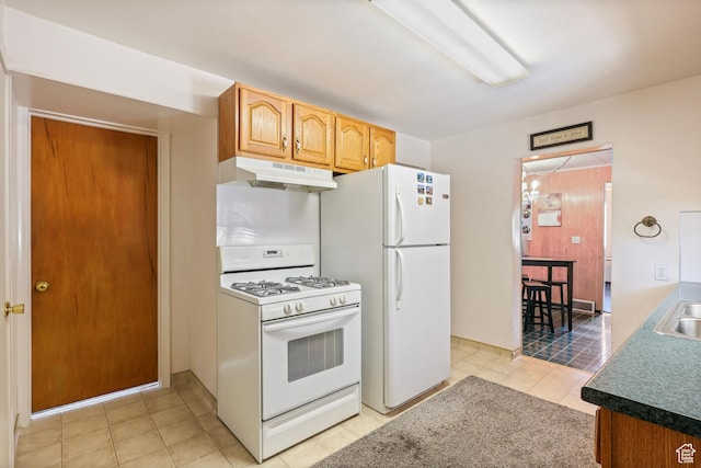 424 S 400 E, Orem, UT 84097 - kitchen featuring light tile patterned floors, under cabinet range hood, white appliances, and a sink