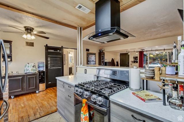 1072 S 1400 W, Salt Lake City, UT 84104 - kitchen with visible vents, ceiling fan, range hood, a barn door, and stainless steel range with gas stovetop