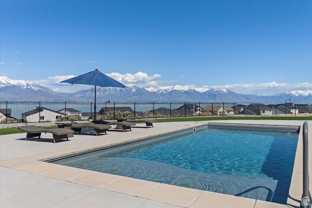 3630 S Panorama Dr W, Saratoga Springs, UT 84045 - view of swimming pool with fence, a fenced in pool, a mountain view, and a patio area
