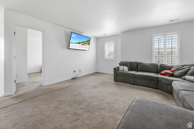 728 W Wild Hyacinth Dr, Saratoga Springs, UT 84045 - living room with carpet floors, a textured ceiling, baseboards, and visible vents
