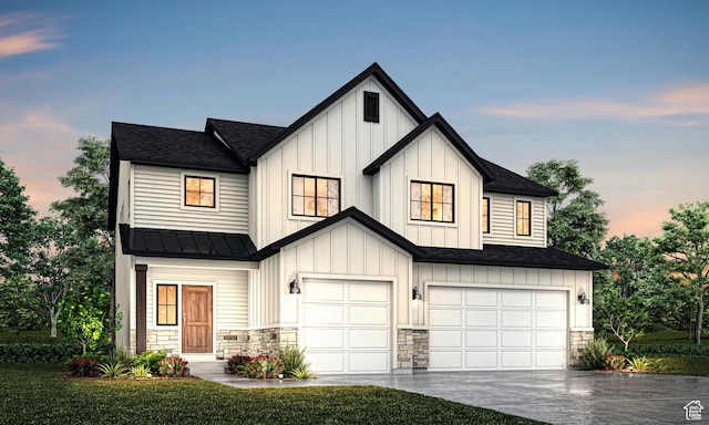 modern farmhouse with board and batten siding, a standing seam roof, driveway, a garage, and a shingled roof