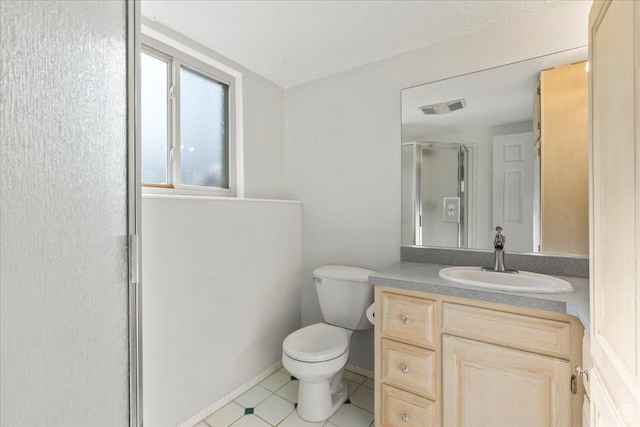 12455 S 1450 W, Riverton, UT 84065 - bathroom featuring visible vents, a shower stall, vanity, tile patterned floors, and toilet