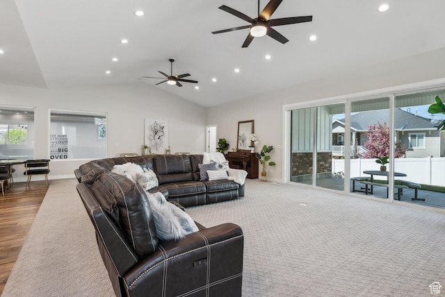 735 E 850 S, Centerville, UT 84014 - living room featuring a ceiling fan, recessed lighting, vaulted ceiling, healthy amount of natural light, and wood finished floors