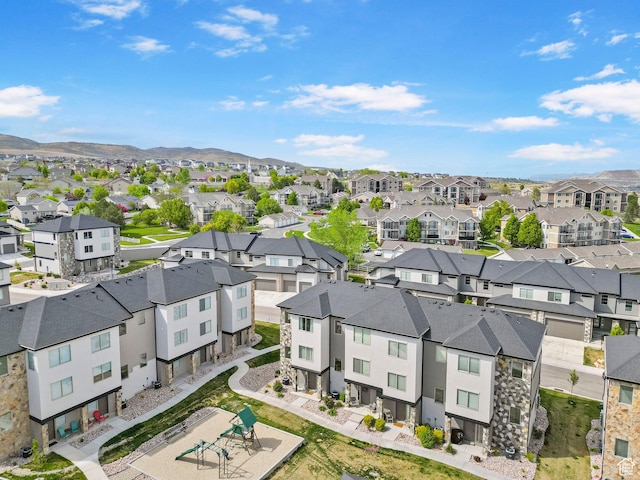 aerial view featuring a residential view and a mountain view