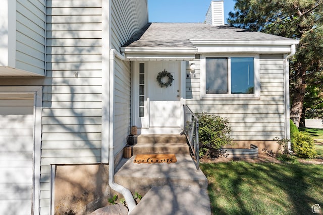 3102 S Applewood Dr E, Bountiful, UT 84010 - doorway to property with a yard, a shingled roof, and a chimney