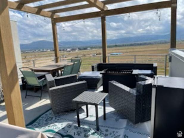 10983 S Lake Run Rd, South Jordan, UT 84009 - view of patio / terrace featuring a pergola, an outdoor living space, outdoor dining area, and a view of rural / pastoral area