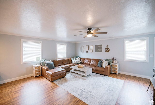 663 W 3500 S, Bountiful, UT 84010 - living room featuring baseboards, ceiling fan, ornamental molding, and wood finished floors