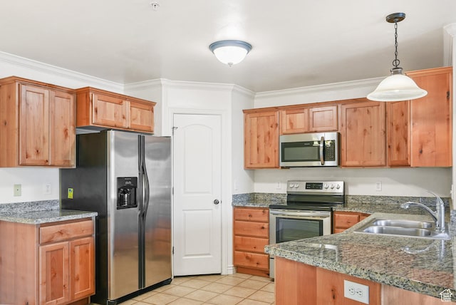 425 S 2220 W Unit 202, Pleasant Grove, UT 84062 - kitchen featuring decorative light fixtures, crown molding, appliances with stainless steel finishes, a sink, and light tile patterned flooring
