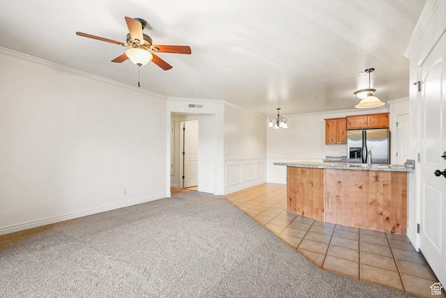 425 S 2220 W Unit 202, Pleasant Grove, UT 84062 - kitchen featuring light carpet, stainless steel fridge with ice dispenser, ceiling fan with notable chandelier, a peninsula, and visible vents