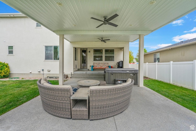145 W 750 S, American Fork, UT 84003 - view of patio / terrace featuring fence, a ceiling fan, and a hot tub