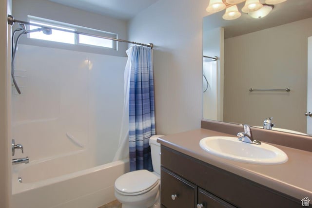 566 N 640 W, Tooele, UT 84074 - bathroom featuring vanity, toilet, shower / bathtub combination with curtain, and a chandelier