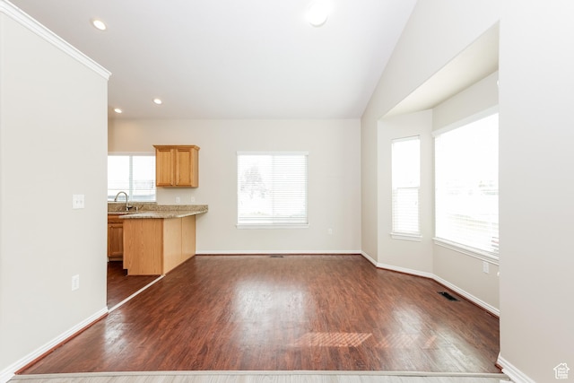 4018 W 5250 S, Roy, UT 84067 - unfurnished living room featuring a sink, recessed lighting, baseboards, dark wood-type flooring, and visible vents
