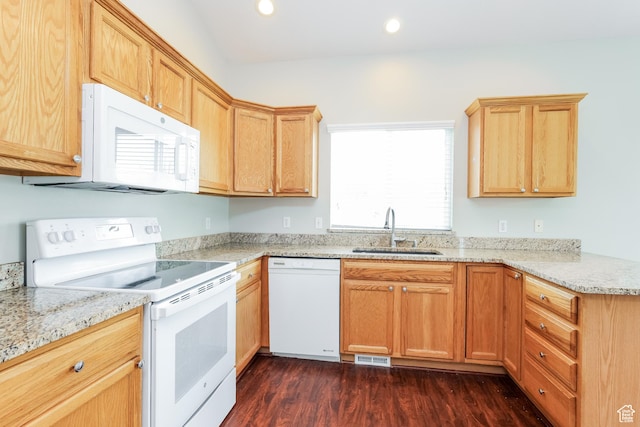 4018 W 5250 S, Roy, UT 84067 - kitchen with light stone countertops, a sink, white appliances, recessed lighting, and dark wood-style floors