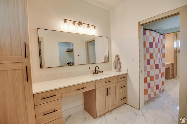 full bathroom with vanity, a shower with shower curtain, and marble finish floor
