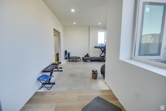 workout area with recessed lighting