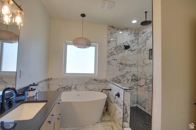 full bath featuring a walk in shower, tile walls, and a wealth of natural light