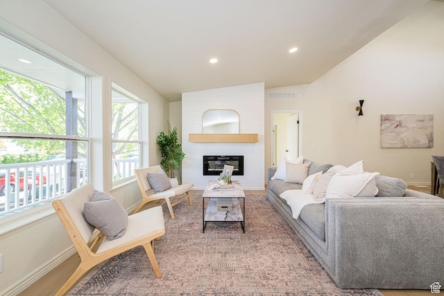 916 W 1150 S, Provo, UT 84601 - living room with a fireplace, recessed lighting, baseboards, lofted ceiling, and visible vents