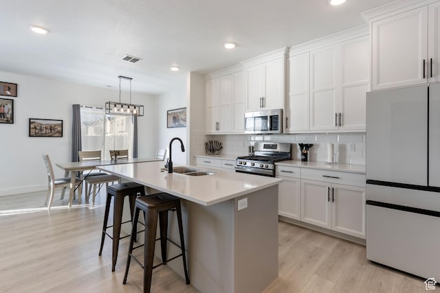 889 N 900 W, Tremonton, UT 84337 - kitchen featuring visible vents, a sink, stainless steel appliances, light wood-style flooring, and an island with sink