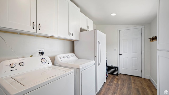 84 N 100 W, Sterling, UT 84665 - laundry room with dark wood-style flooring, baseboards, recessed lighting, cabinet space, and independent washer and dryer