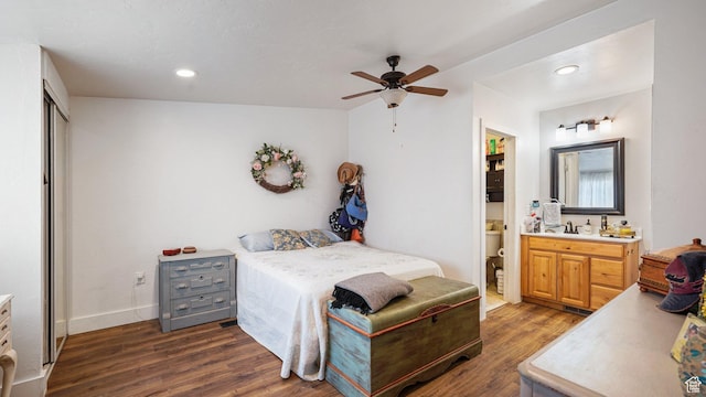 84 N 100 W, Sterling, UT 84665 - bedroom featuring connected bathroom, a sink, dark wood finished floors, recessed lighting, and a ceiling fan
