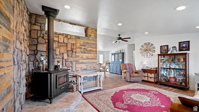 84 N 100 W, Sterling, UT 84665 - living room with recessed lighting, ceiling fan, lofted ceiling, and a wood stove