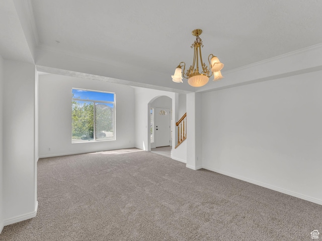 1788 W Nobility Cir, Salt Lake City, UT 84116 - carpeted spare room with stairs, arched walkways, baseboards, and a chandelier