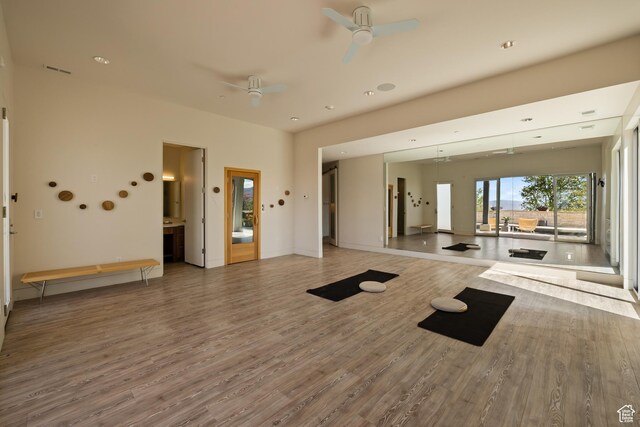 772 S Summit Creek Dr, Woodland Hills, UT 84653 - exercise room with light wood-type flooring, a ceiling fan, baseboards, and recessed lighting