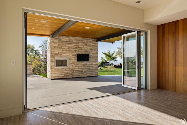 772 S Summit Creek Dr, Woodland Hills, UT 84653 - doorway to outside featuring plenty of natural light, wood ceiling, wood finished floors, and wood walls