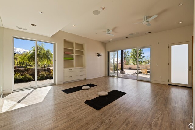 772 S Summit Creek Dr, Woodland Hills, UT 84653 - workout room featuring ceiling fan, wood finished floors, built in features, and baseboards