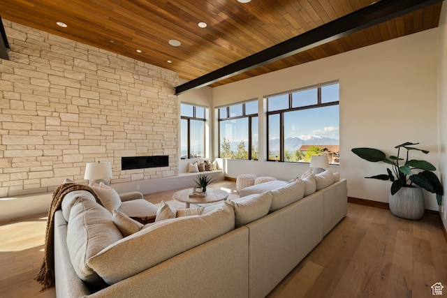 772 S Summit Creek Dr, Woodland Hills, UT 84653 - living area with wood ceiling, wood-type flooring, a stone fireplace, baseboards, and recessed lighting