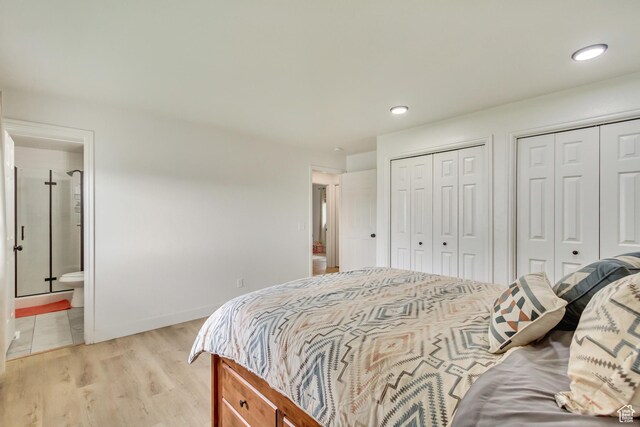 584 E Aspen Way, Centerville, UT 84014 - bedroom featuring two closets, baseboards, recessed lighting, light wood finished floors, and ensuite bath