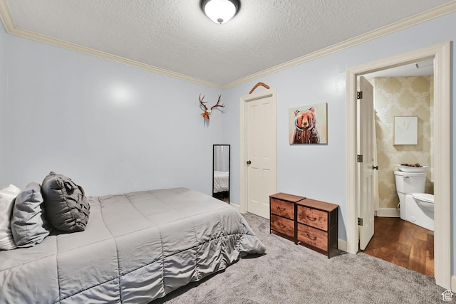 5078 S Iroquois Way E, Ogden, UT 84403 - carpeted bedroom featuring crown molding, a textured ceiling, baseboards, and ensuite bath