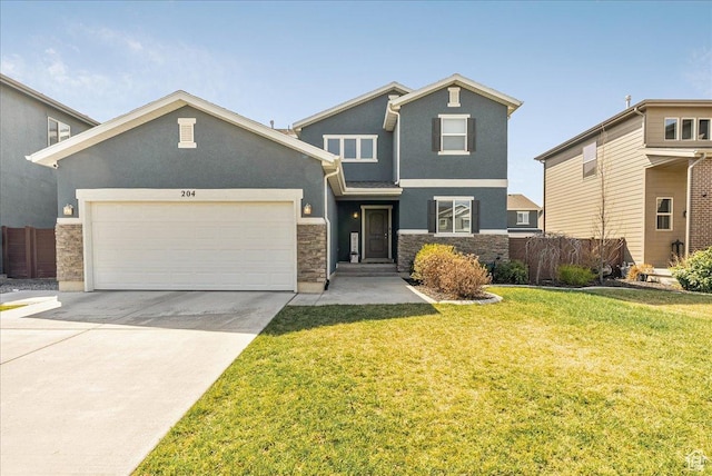 204 E 460 N, Vineyard, UT 84059 - craftsman house with a front yard, fence, an attached garage, stone siding, and stucco siding