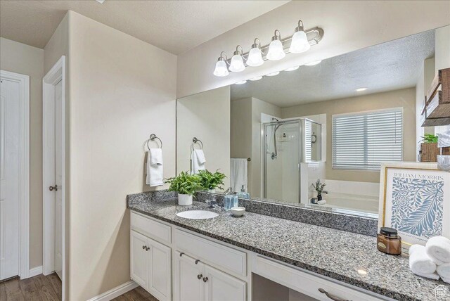 204 E 460 N, Vineyard, UT 84059 - bathroom with vanity, baseboards, a shower stall, wood finished floors, and a garden tub